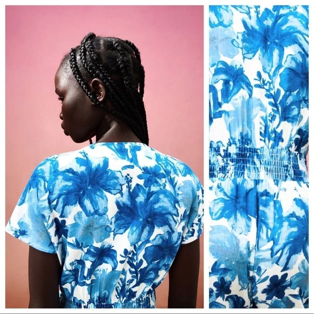 NWT. Zara Ecru/Blue Viscose/Linen Floral Print Jumpsuit. Size S.